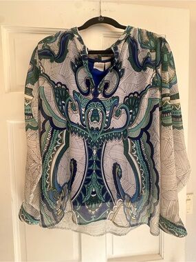Chico's Blue & Green Paisley Keyhole Blouse with a blue shell.